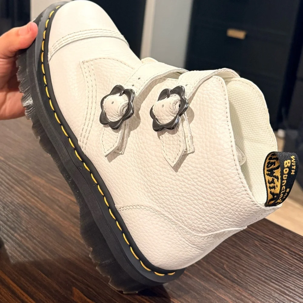 Dr. Martens White Leather Combat Boots with Black Soles - Picture 2 of 6